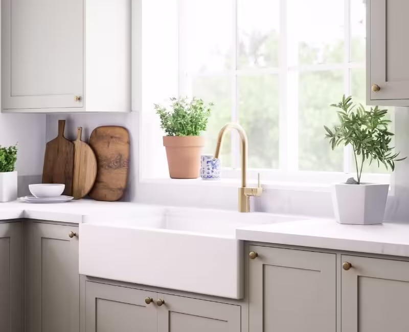 Cocina Feng Shui en tono gris claro,